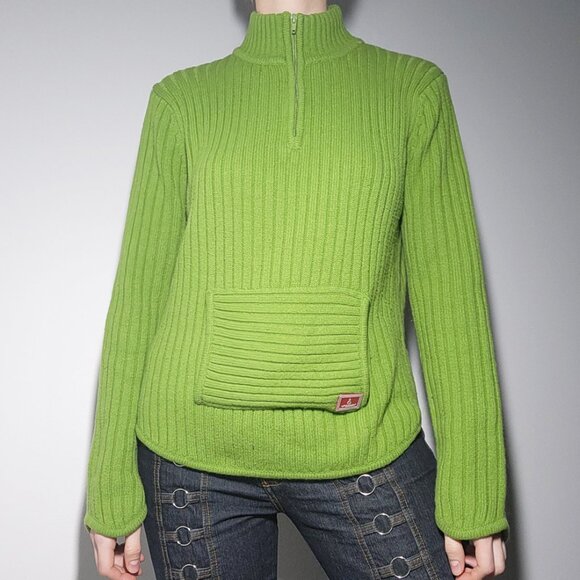 Vintage Y2K comfy bright apple green knit sweater ✦ High neck quarter zip-up top - Picture 15 of 15